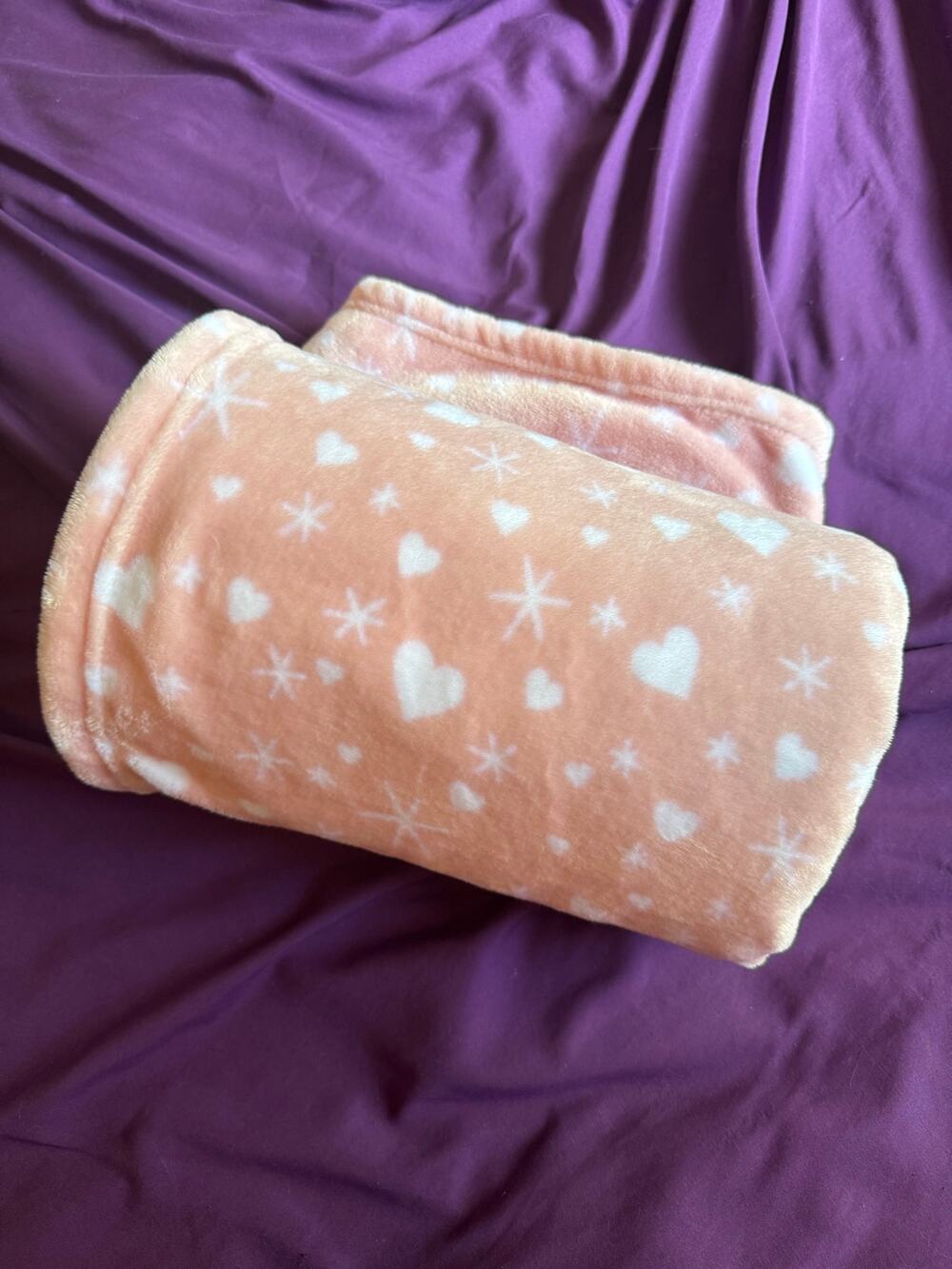 Soft Pink Hearts & Stars Fleece Blanket 50x58 Plush Cozy Baby Lap Throw